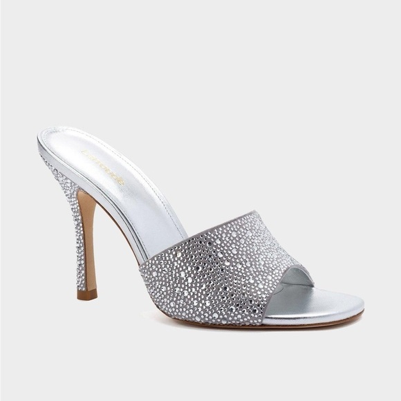 Larroude Colette Crystal & Suede Mule Heels w. Rhinestones in Silver Gray 9 - Picture 11 of 14